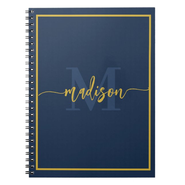 Carnet Nom de luxe en bleu marine et or Monogramme Script (Devant)