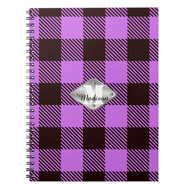 Carnet Nom de monogramme de script métallisé à tartan noi (Devant)