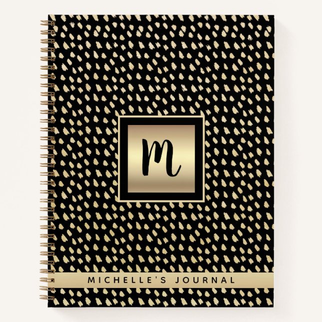 Carnet Nom de monogramme feuille d'or noir script moderne (Devant)