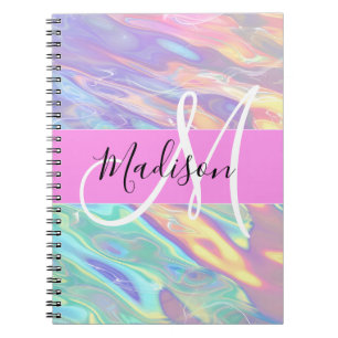 Carnet Nom de monogramme holographique iridescent rose fé