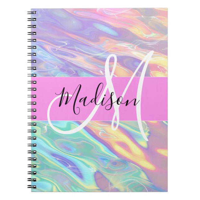 Carnet Nom de monogramme holographique iridescent rose fé (Devant)