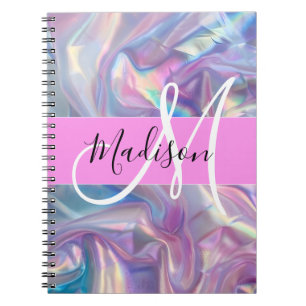 Carnet Nom de monogramme holographique iridescent rose fé