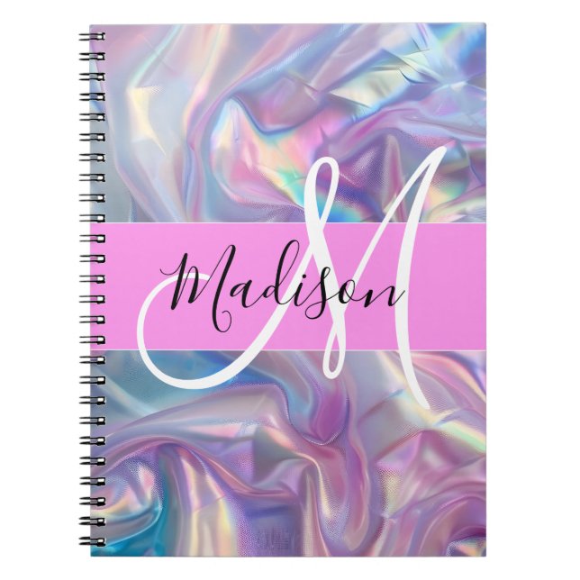 Carnet Nom de monogramme holographique iridescent rose fé (Devant)