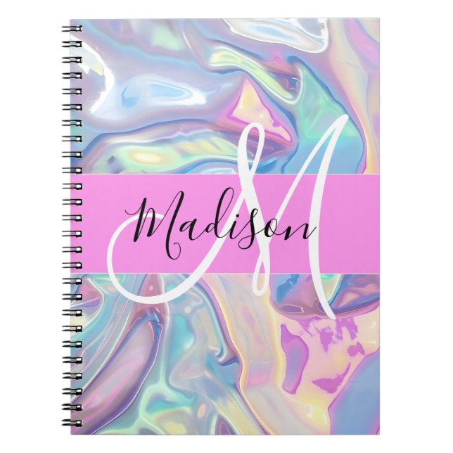 Carnet Nom de monogramme holographique iridescent rose fé (Devant)