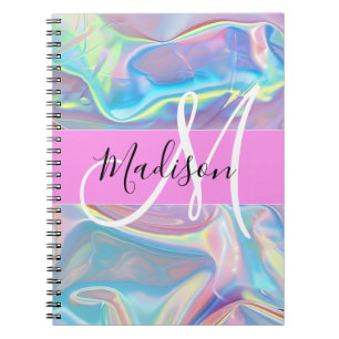Carnet Nom de monogramme holographique iridescent rose fé