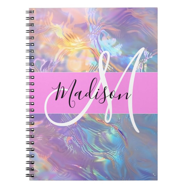 Carnet Nom de monogramme holographique iridescent rose fé (Devant)