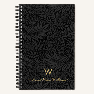 Carnet Nom de monogramme or élégant motif floral noir