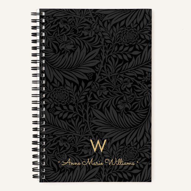 Carnet Nom de monogramme or élégant motif floral noir (Recto)