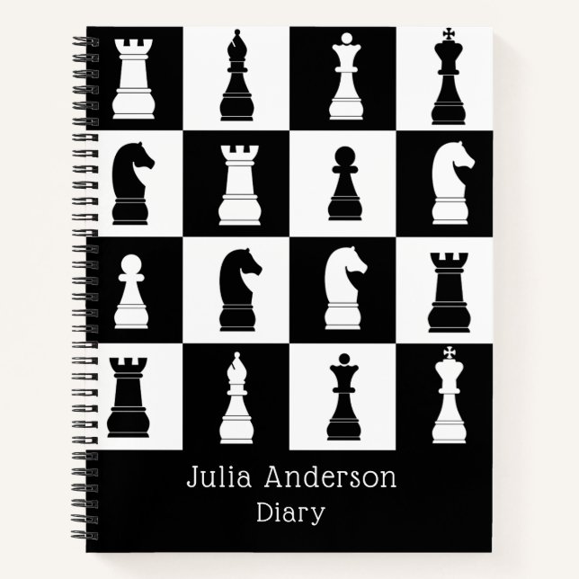 Carnet Nom de motif de figures de jeu d'échecs noir et bl (Devant)