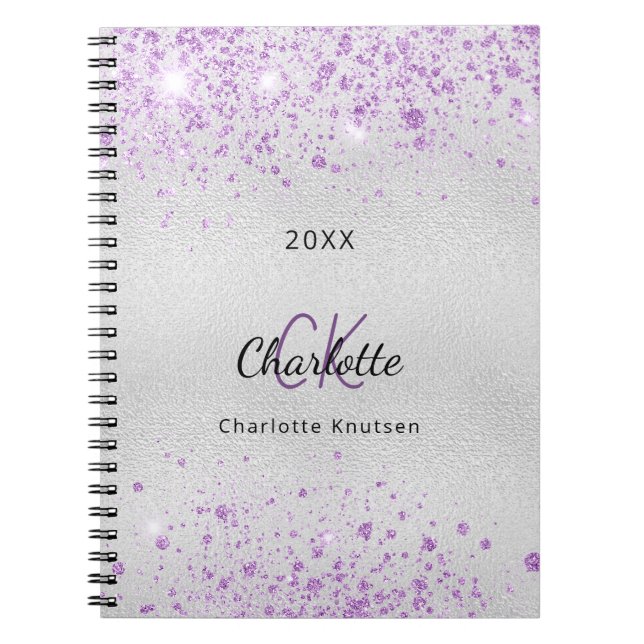 Carnet Nom de parties scintillant violet argenté monogram (Devant)
