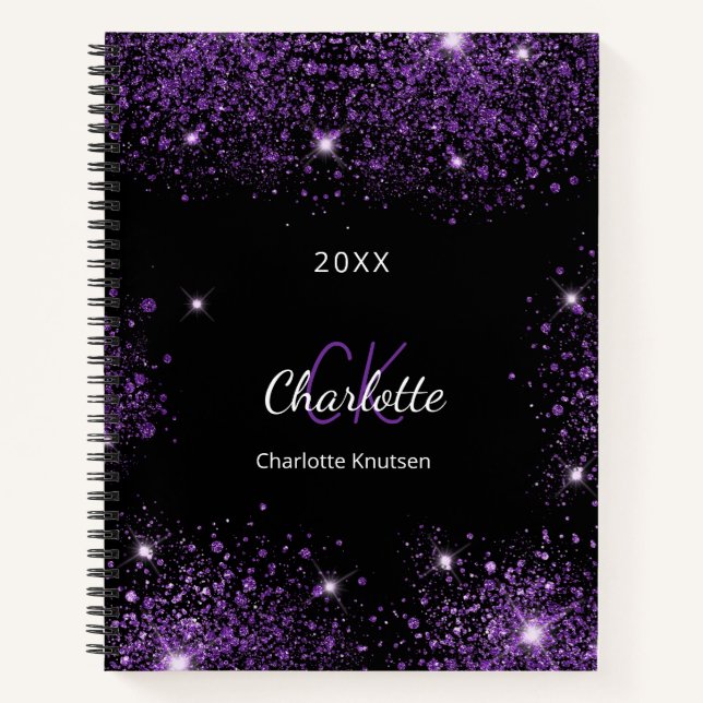 Carnet Nom de parties scintillant violet noir monogramme (Devant)