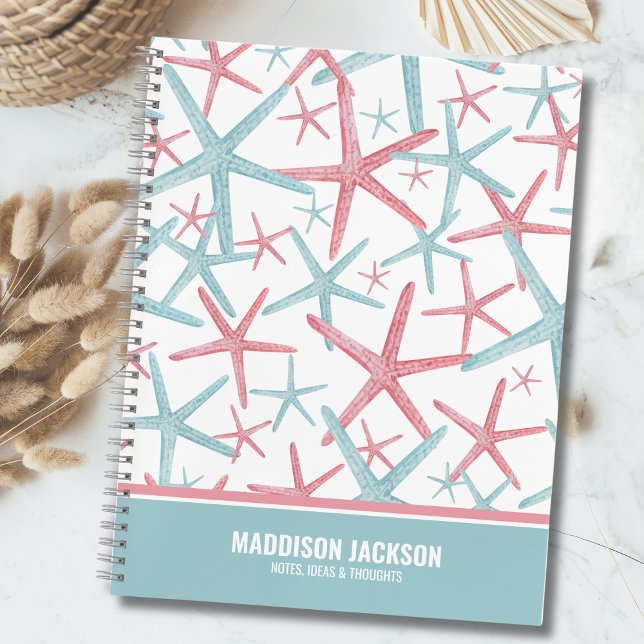 Carnet Nom de Plage Tropicale (Cute Pretty Coastal Teal Pink Starfish Beach Name Notebook)