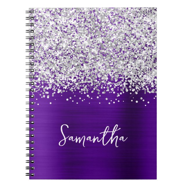 Carnet Nom de script Glam Indigo Violet Pailleté Argent (Devant)