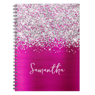 Carnet Nom de script glamour argent pailleté et rose chau