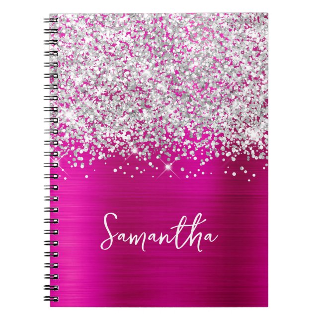 Carnet Nom de script glamour argent pailleté et rose chau (Devant)