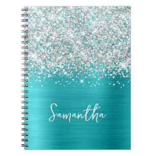 Carnet Nom de script glamour bleu turquoise argent paille