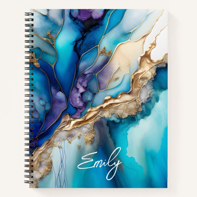 Carnet Nom de script Marbre Or Bleu Personnalisé  (Devant)