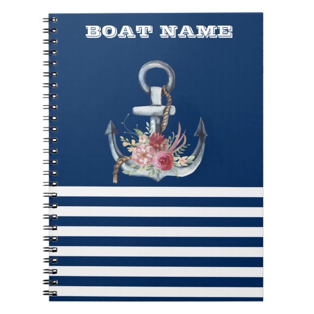 Carnet Nom du bateau, fleurs d'ancre bleu marine rayé (Devant)