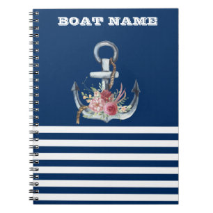 Carnet Nom du bateau, Fleurs d'Ancres Marine Bleu rayé