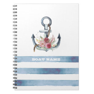 Carnet Nom du bateau nautique, Fleurs d'Ancres rayures