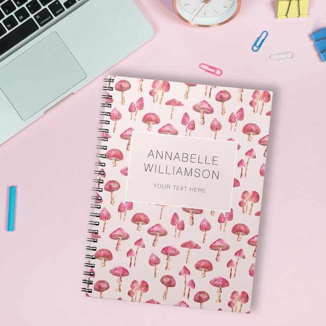 Carnet Nom du champignon d'aquarelle (Cute pink woodland mushroom pattern notebook.  Personalize with your own name and choice of text.)