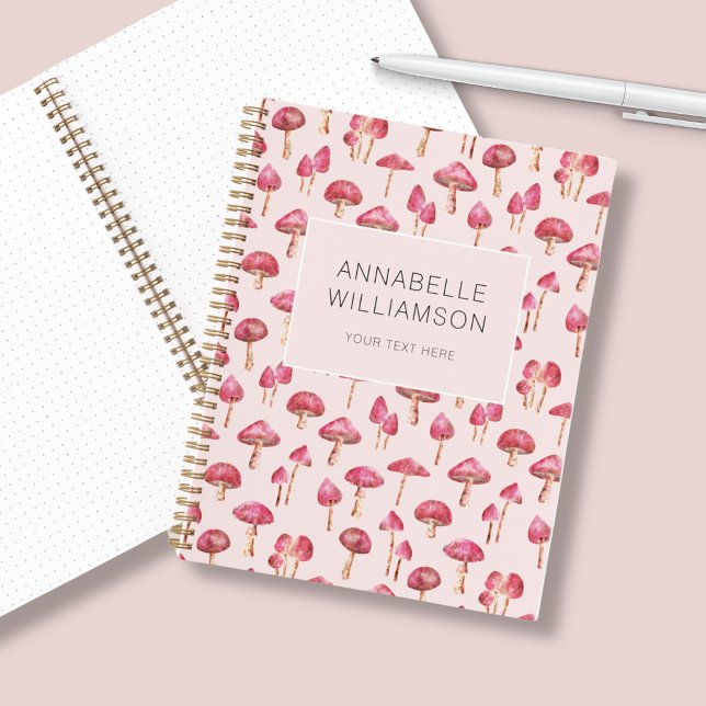 Carnet Nom du champignon d'aquarelle (Pink mushroom customized notebook. Add your own name and text for your own personalized stationery.)