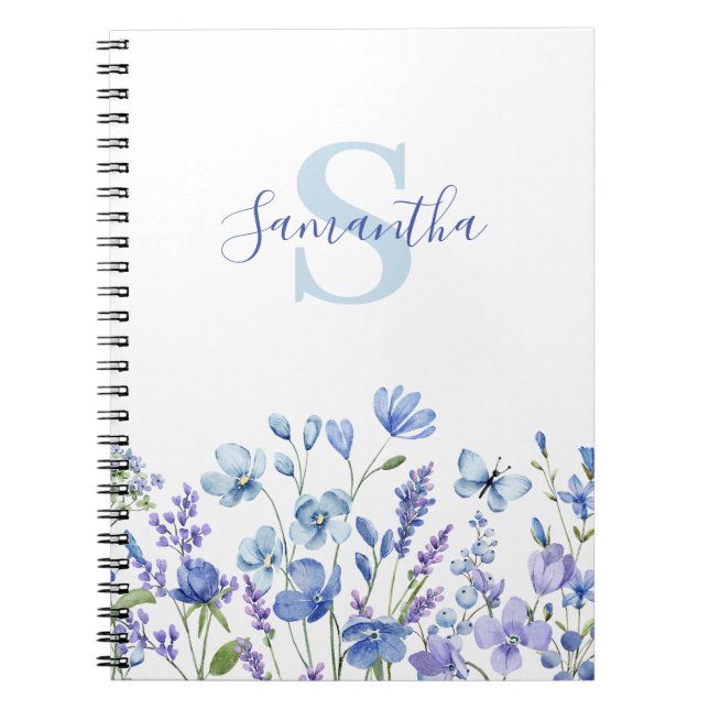 Carnet Nom du monogramme floral bleu (Devant)