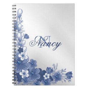 Carnet Nom du monogramme Floral Blue Silver Grey Élégant