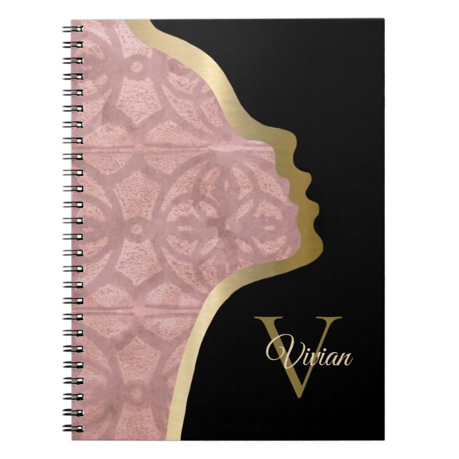 Carnet Nom Du Monogramme Rose Noir Et Or (Devant)