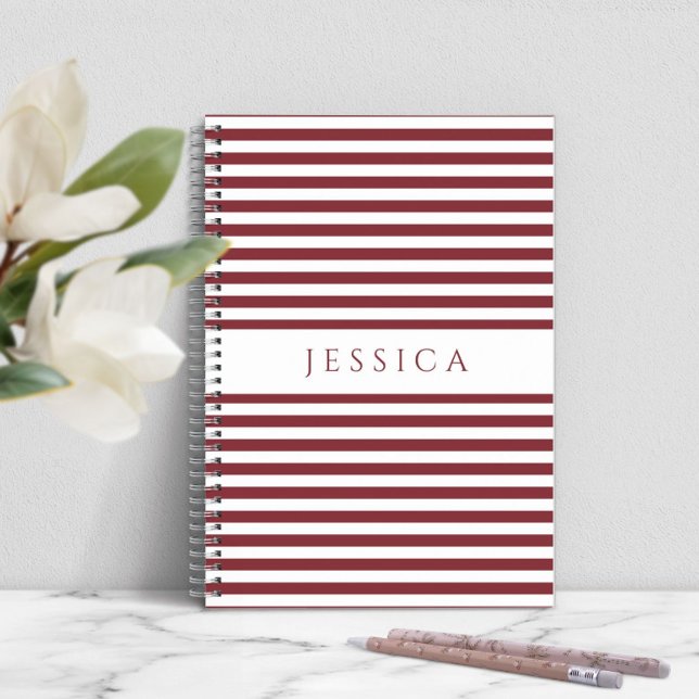 Carnet Nom du Motif rayé rouge et blanc (Personalized Modern Stripes Notebook)