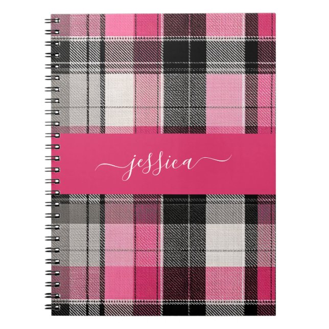Carnet Nom en écriture cursive à carreaux tartan rose noi (Devant)