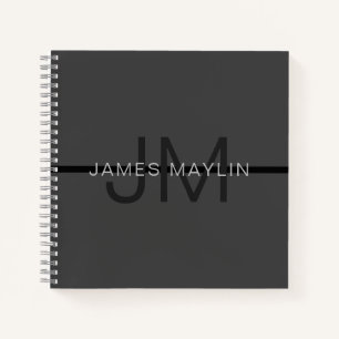 Carnet Nom et monogramme gris foncé élégant et masculin