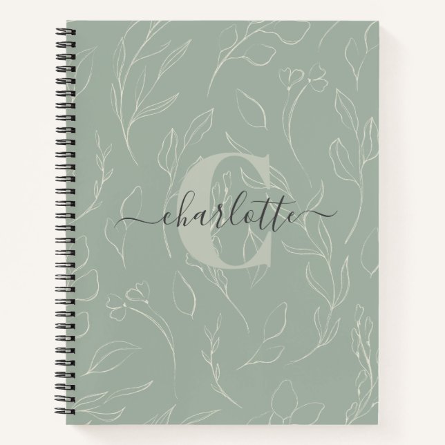 Carnet Nom floral botanique vert sauge rustique élégant  (Devant)