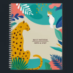 Carnet Nom Moderne de Jungle Colorée au Léopard<br><div class="desc">Ce cahier moderne et élégant présente un léopard et un oiseau (cockatiel) dessinés à la main, ainsi que des feuilles de jungle et des formes artistiques aléatoires. Le dos du livre contient un motif coordonné de feuilles tropicales. La palette de couleurs est composée de beige clair, de bleu sarcelle /...</div>