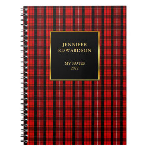 Carnet Nom monogramme de plaid de buffle rouge rustique