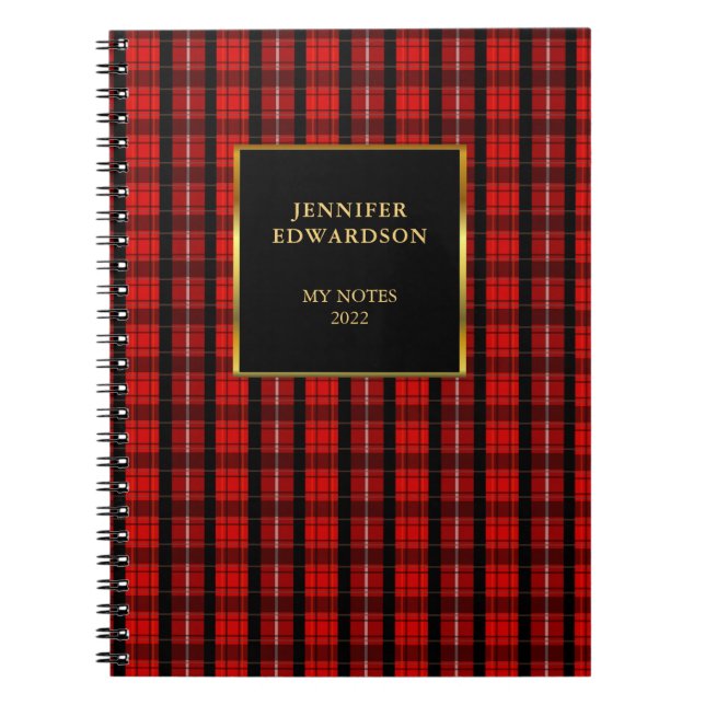 Carnet Nom monogramme de plaid de buffle rouge rustique (Devant)