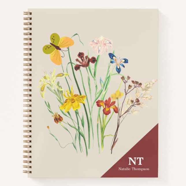 Carnet Nom monogramme élégant et floral initial Bourgogne (Devant)