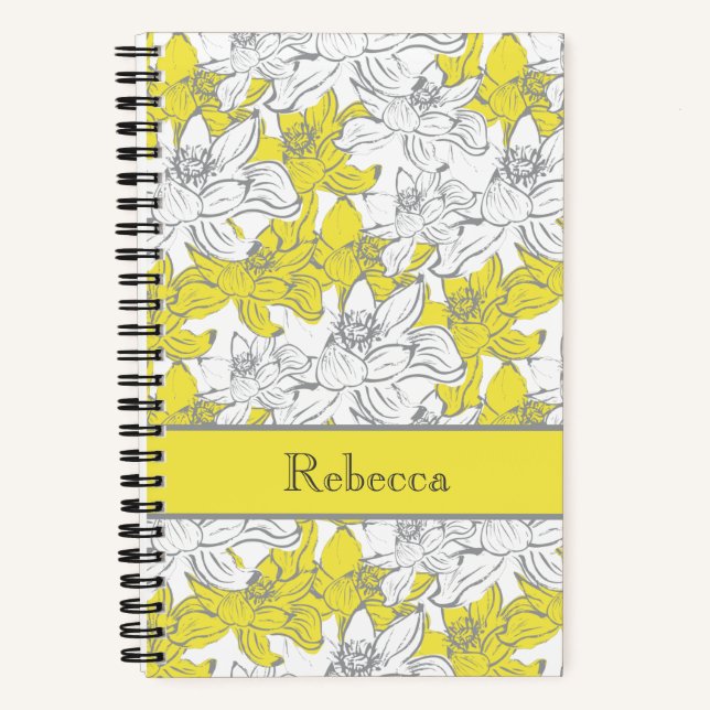 Carnet Nom Monogramme Fleurs Floral Jaune Gris Blanc  (Recto)