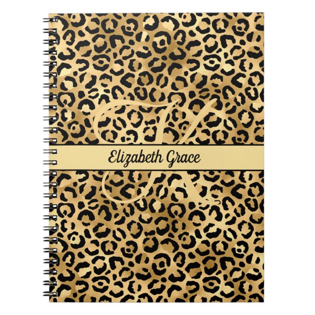 Carnet Nom Monogramme Imprimé Léopard Noir Or Guépard  (Devant)