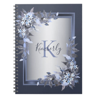 Carnet Nom Monogramme Marine Bleu Floral Argent gris Élég