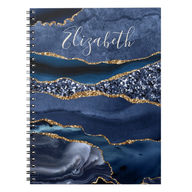 Carnet Nom monogramme Parties scintillant d'or bleu Agate (Devant)