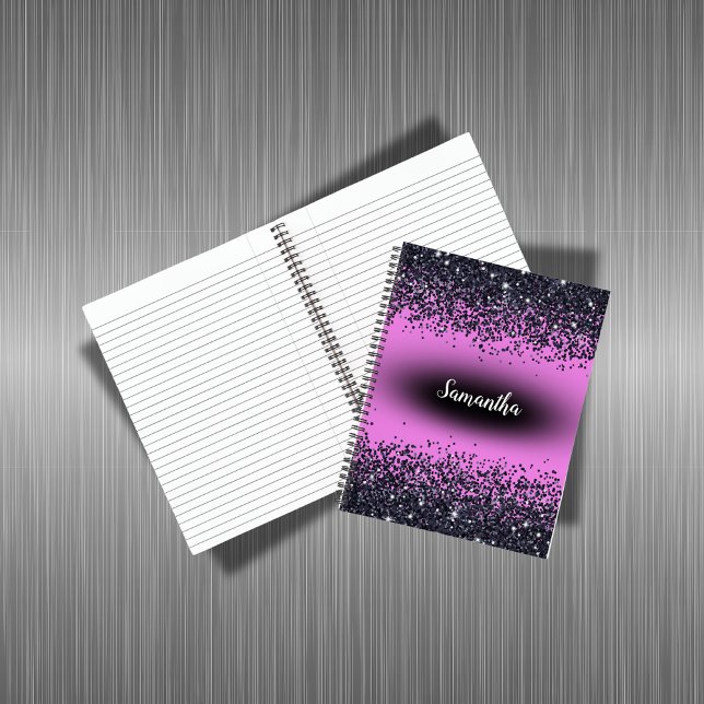 Carnet Nom monogramme Parties scintillant noire sur rose  (Créateur téléchargé)
