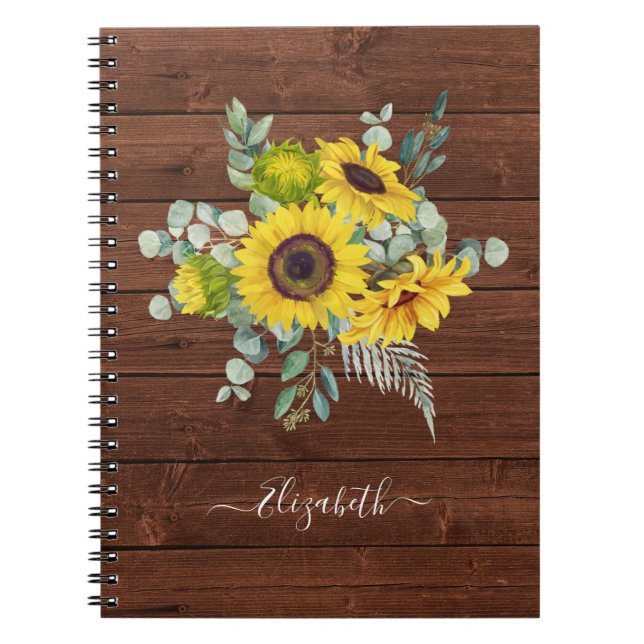 Carnet Nom Monogrammé Photo Bois Rustique Tournesol (Devant)