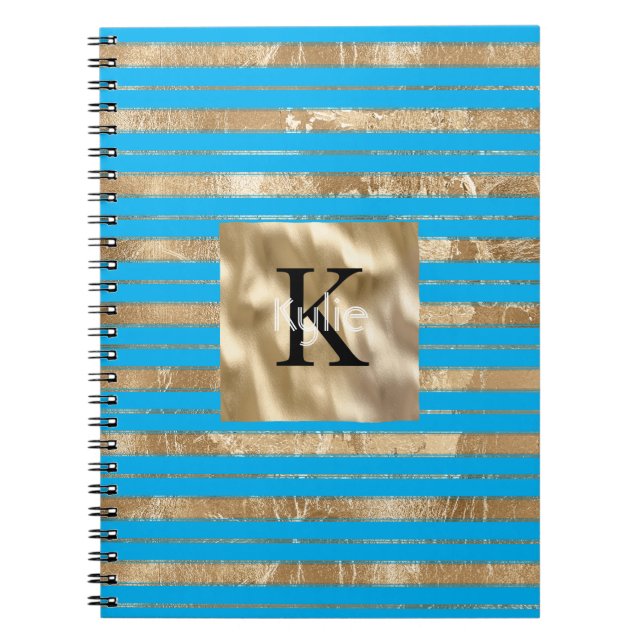 Carnet Nom Monogramme Rayures Bleu Aqua Or (Devant)