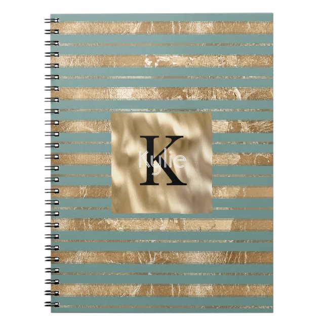 Carnet Nom Monogramme Rayures Vert Doré (Devant)