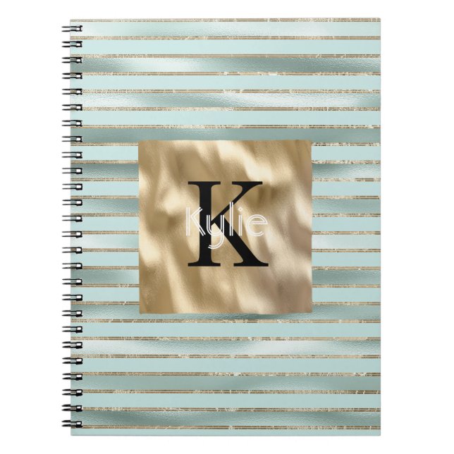 Carnet Nom Monogramme Rayures Vert Menthe Or (Devant)