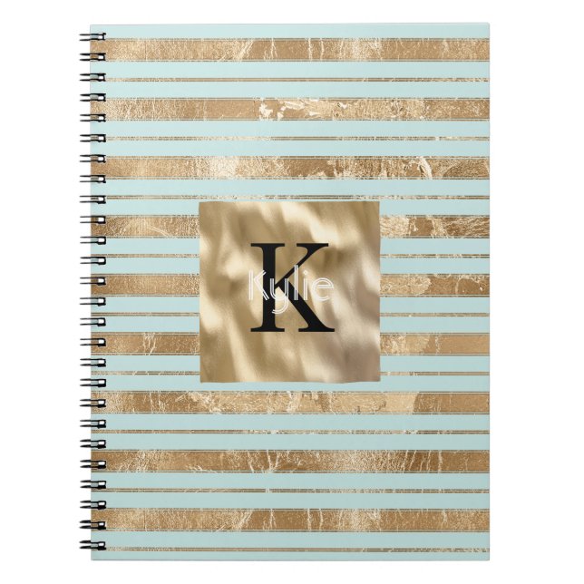 Carnet Nom Monogramme Rayures Vert Mint Or (Devant)