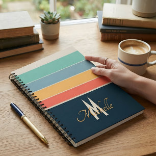 Carnet Nom Monogrammé Vintage Navy & Rayures Corail