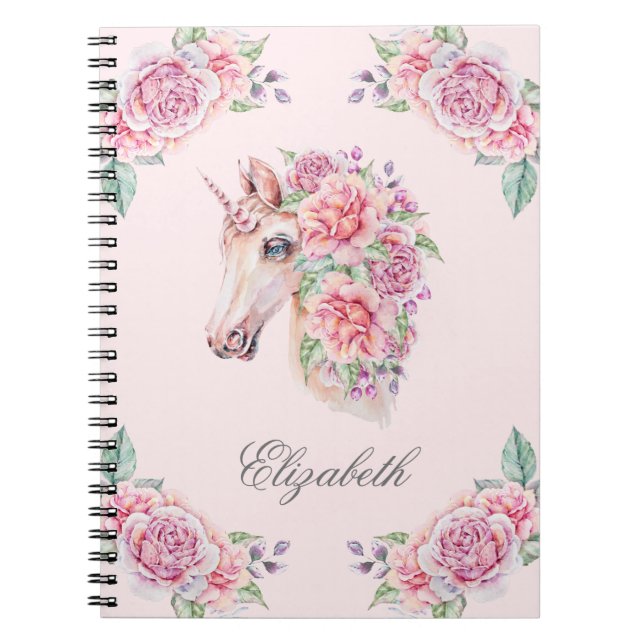 Carnet Nom personnalisé Aquarelle rustique Floral Unicorn (Devant)