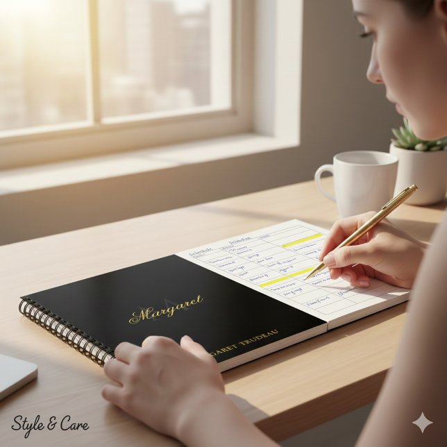 Carnet Nom personnalisé avec monogramme élégant noir (Personalized Name with Stylish Monogram Black Notebook)